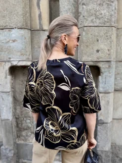 Indana silkkipaita; musta/beige kukkaprintti